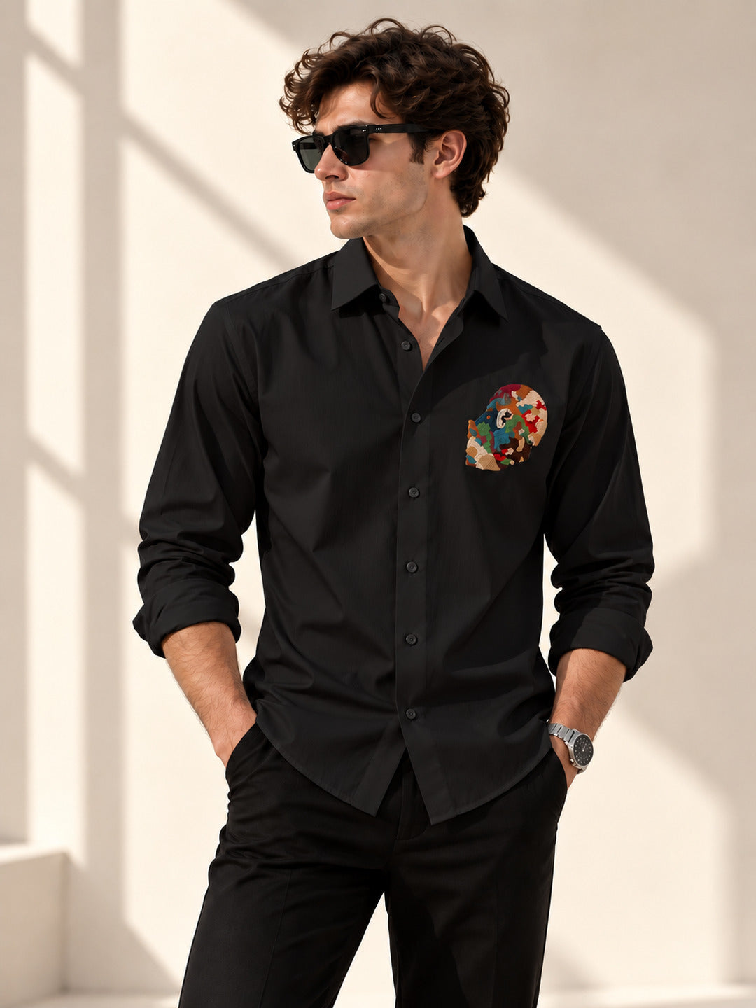 Abstract Face Embroidered Shirt