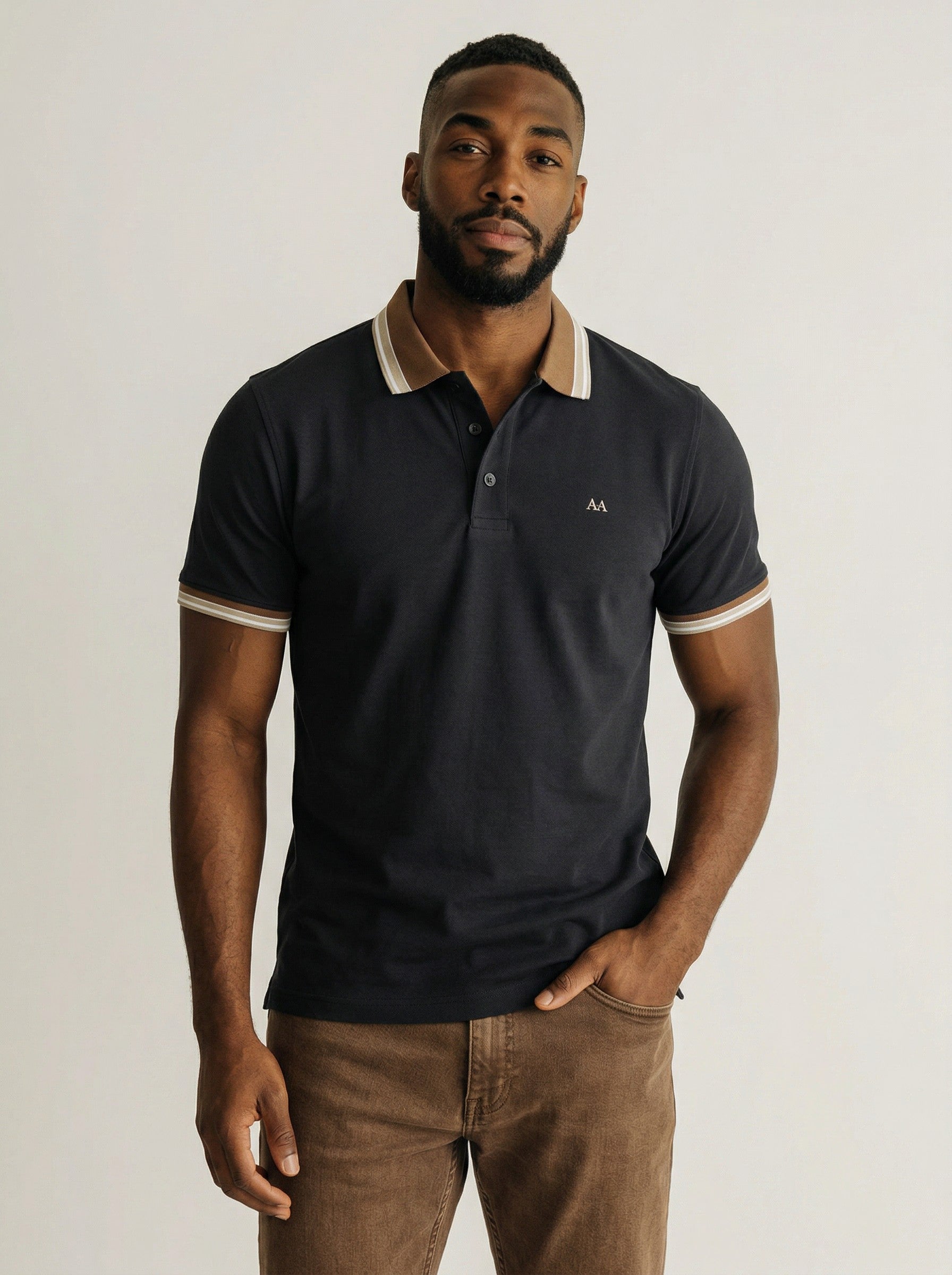Black Polo with Brown Collar