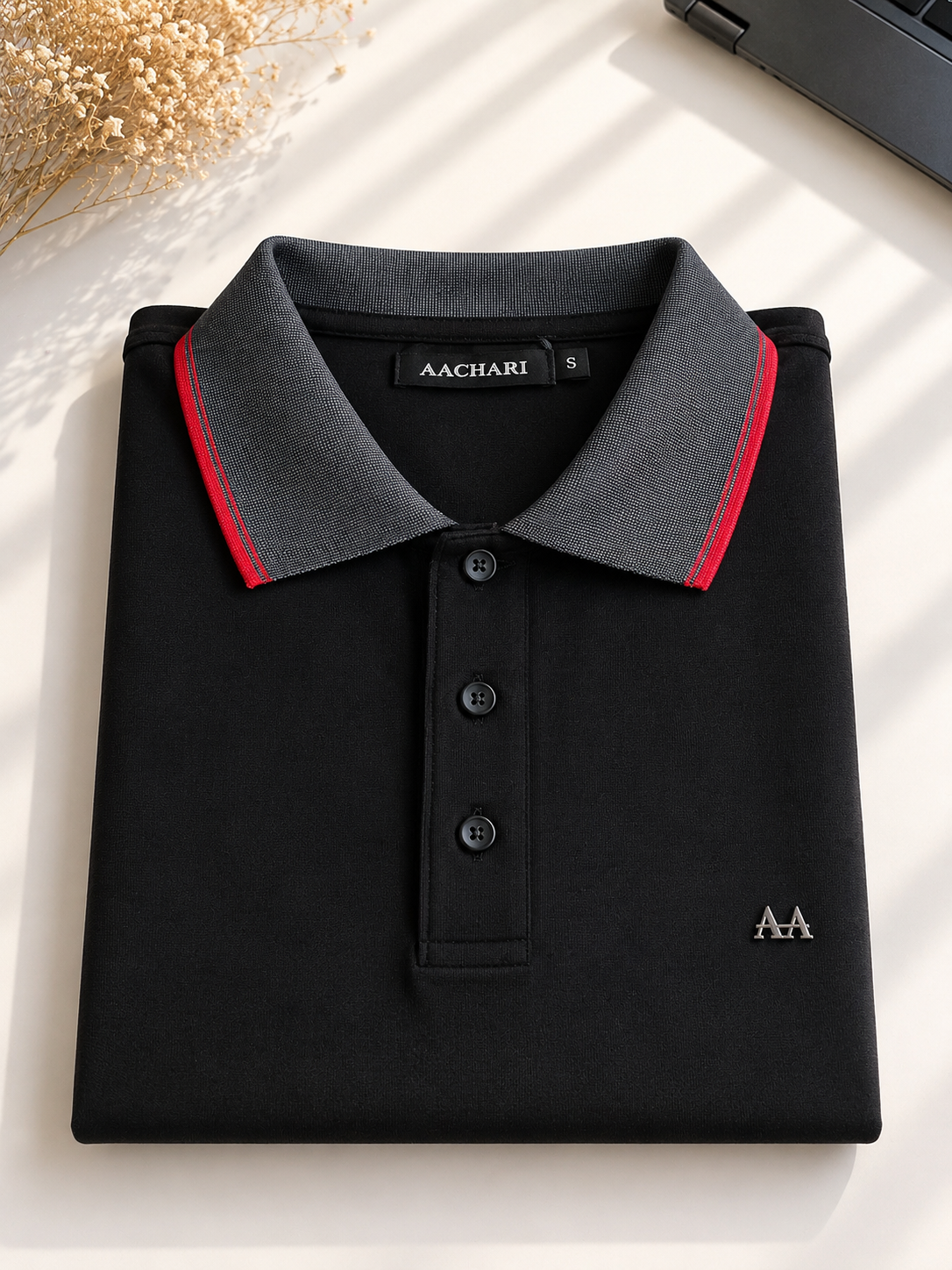 Black Polo with Dual Tone Stripe Collar