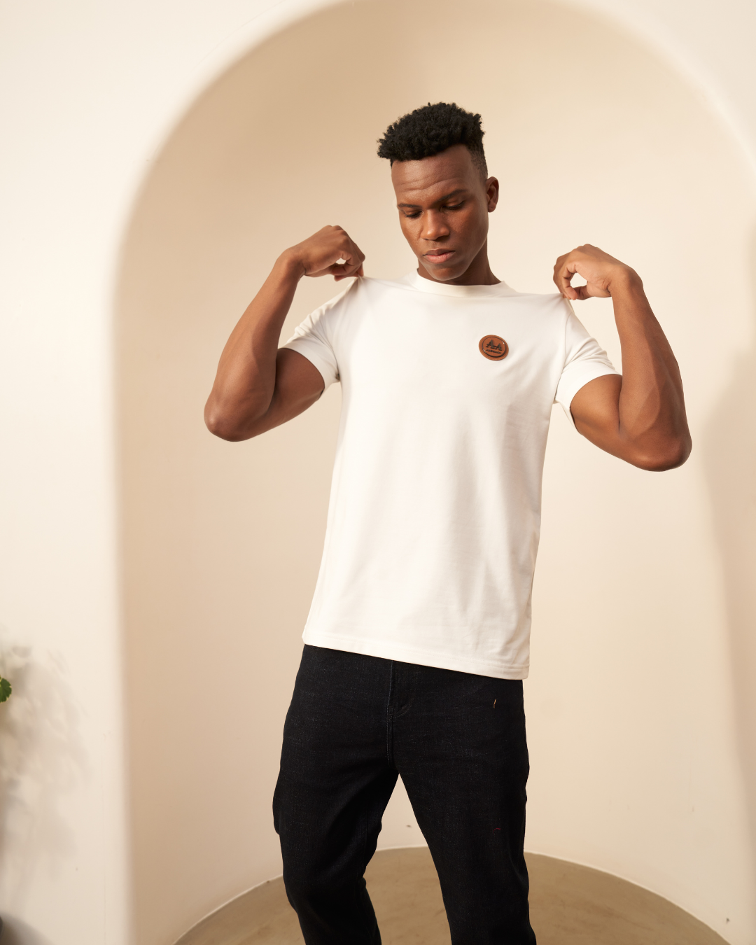 White Crew Neck T-Shirt with Brown Accent