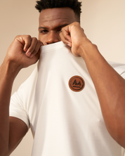White Crew Neck T-Shirt with Brown Accent