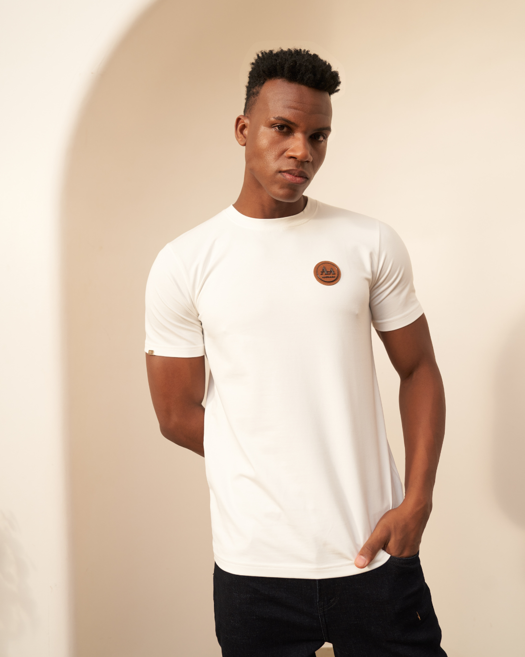 White Crew Neck T-Shirt with Brown Accent