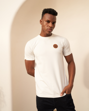White Crew Neck T-Shirt with Brown Accent