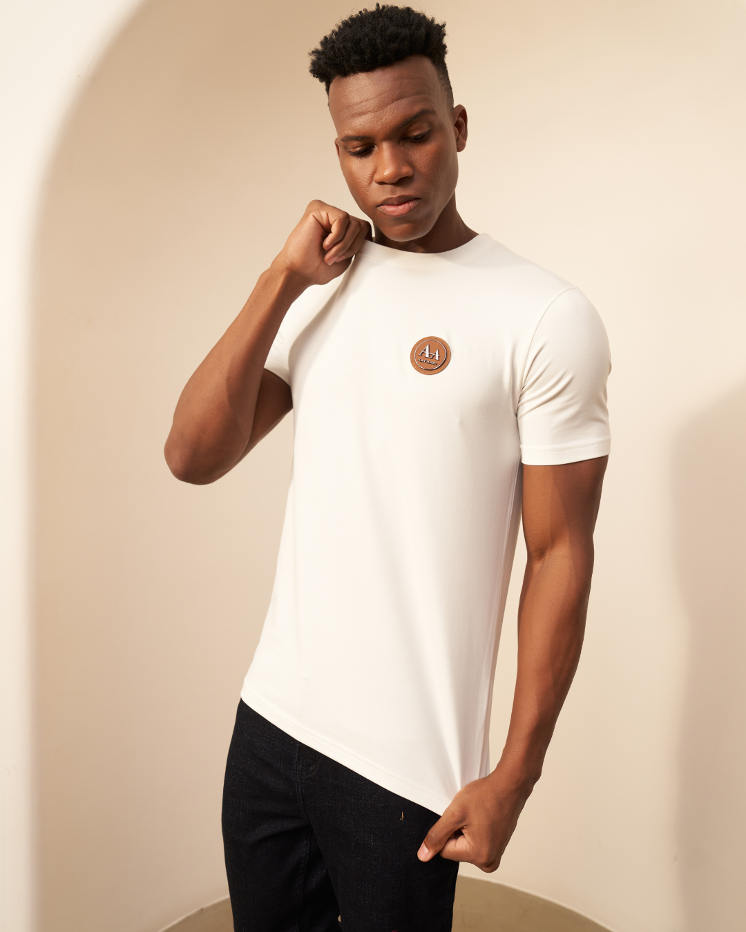 White Crew Neck T-Shirt with Brown Accent