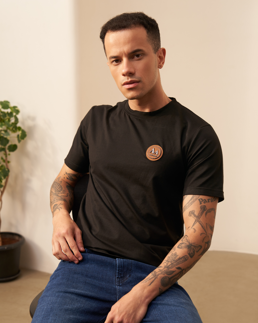 Black Crew Neck T-Shirt with Brown Accent