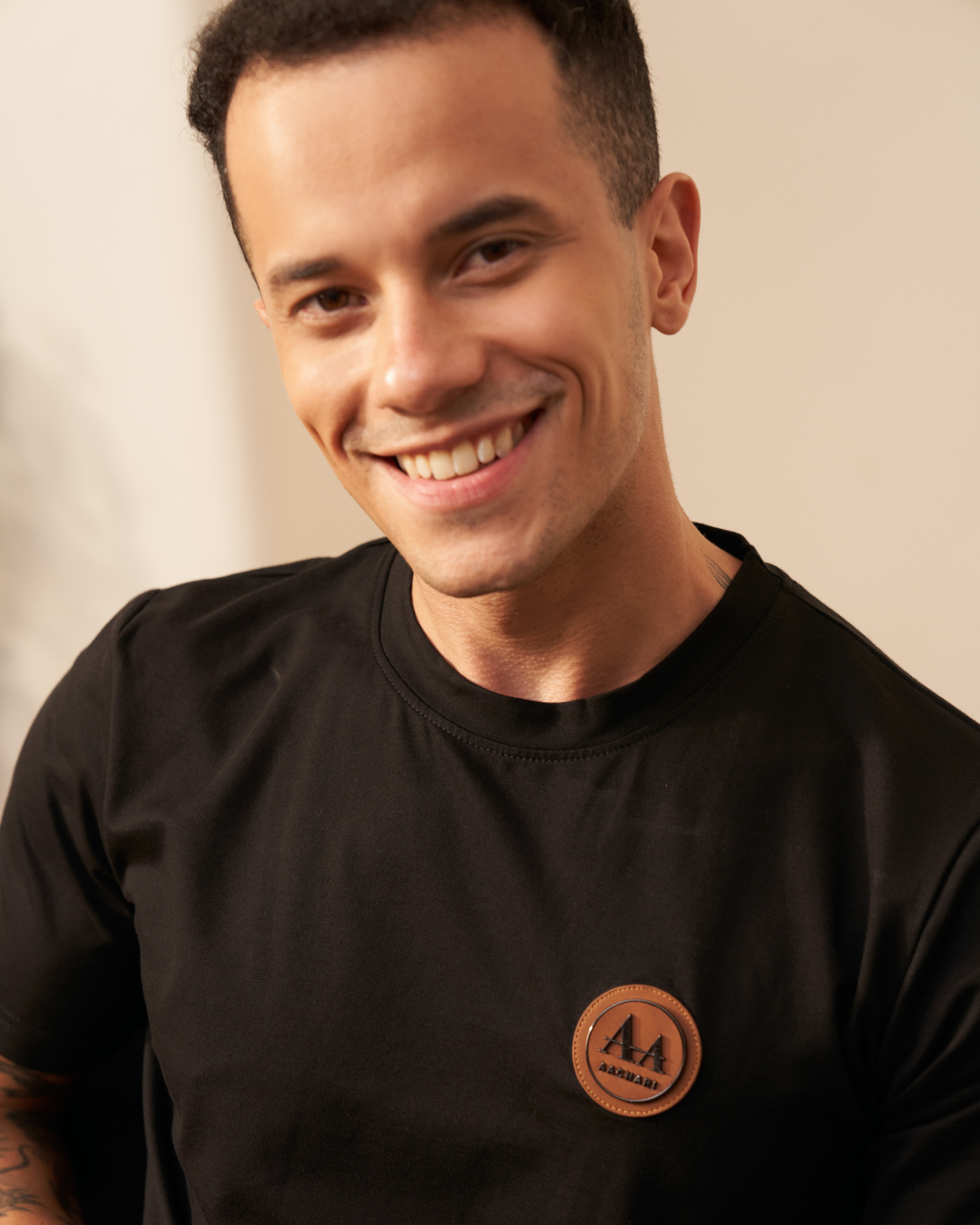 Black Crew Neck T-Shirt with Brown Accent