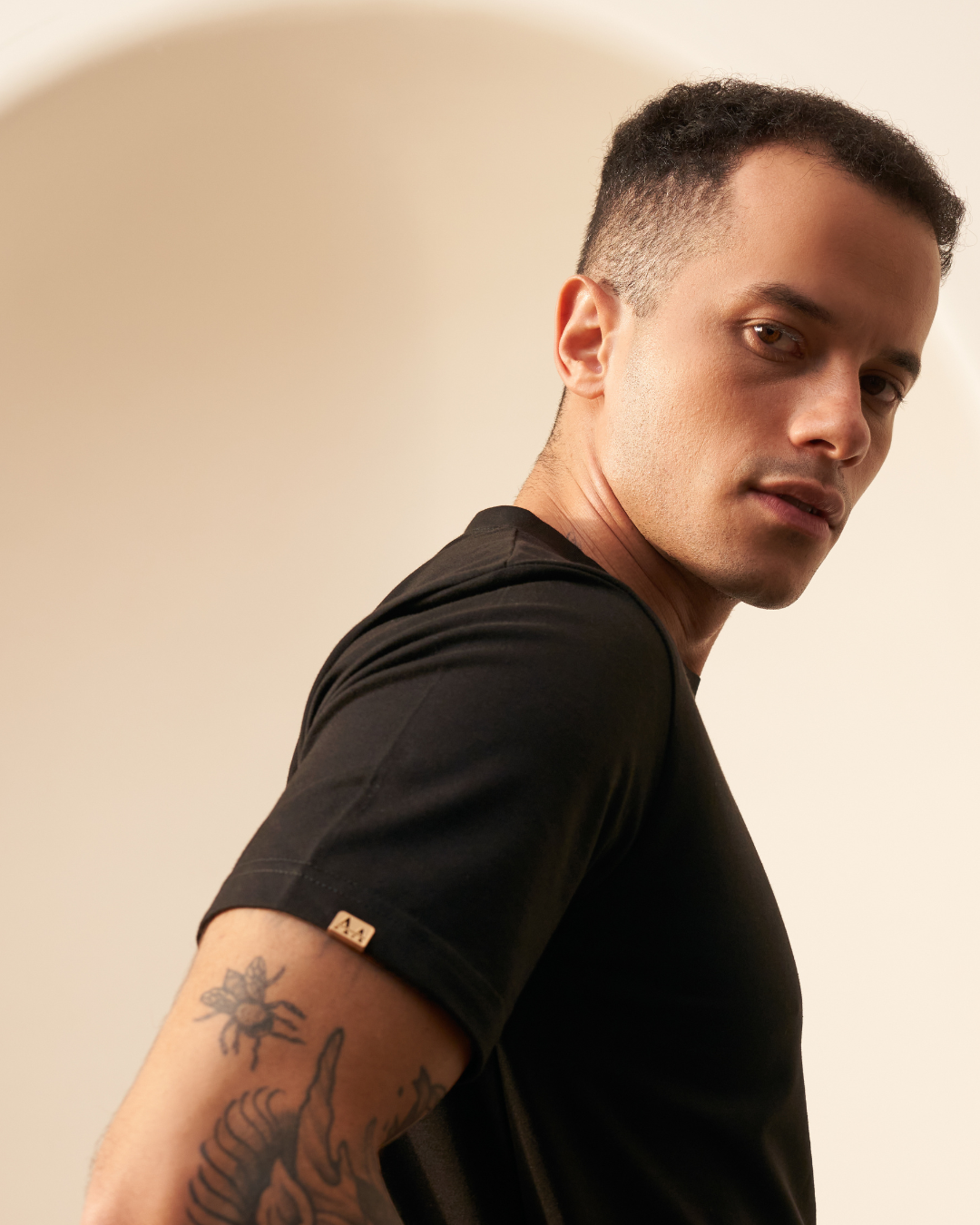 Black Crew Neck T-Shirt with Brown Accent