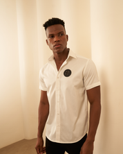 Premium White Half-Sleeves Shirt – Black Logo Edition