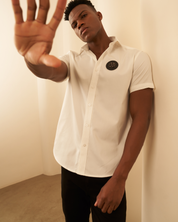 Premium White Half-Sleeves Shirt – Black Logo Edition