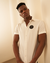 Premium White Half-Sleeves Shirt – Black Logo Edition