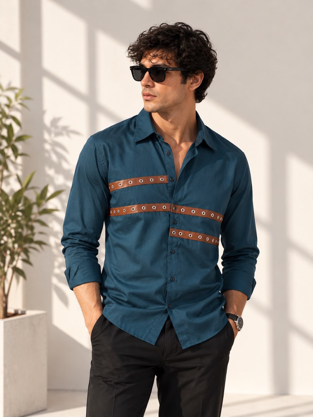 Aachari navy teal cotton shirt featuring brown leather straps and metallic eyelets worn by a man in sunglasses.