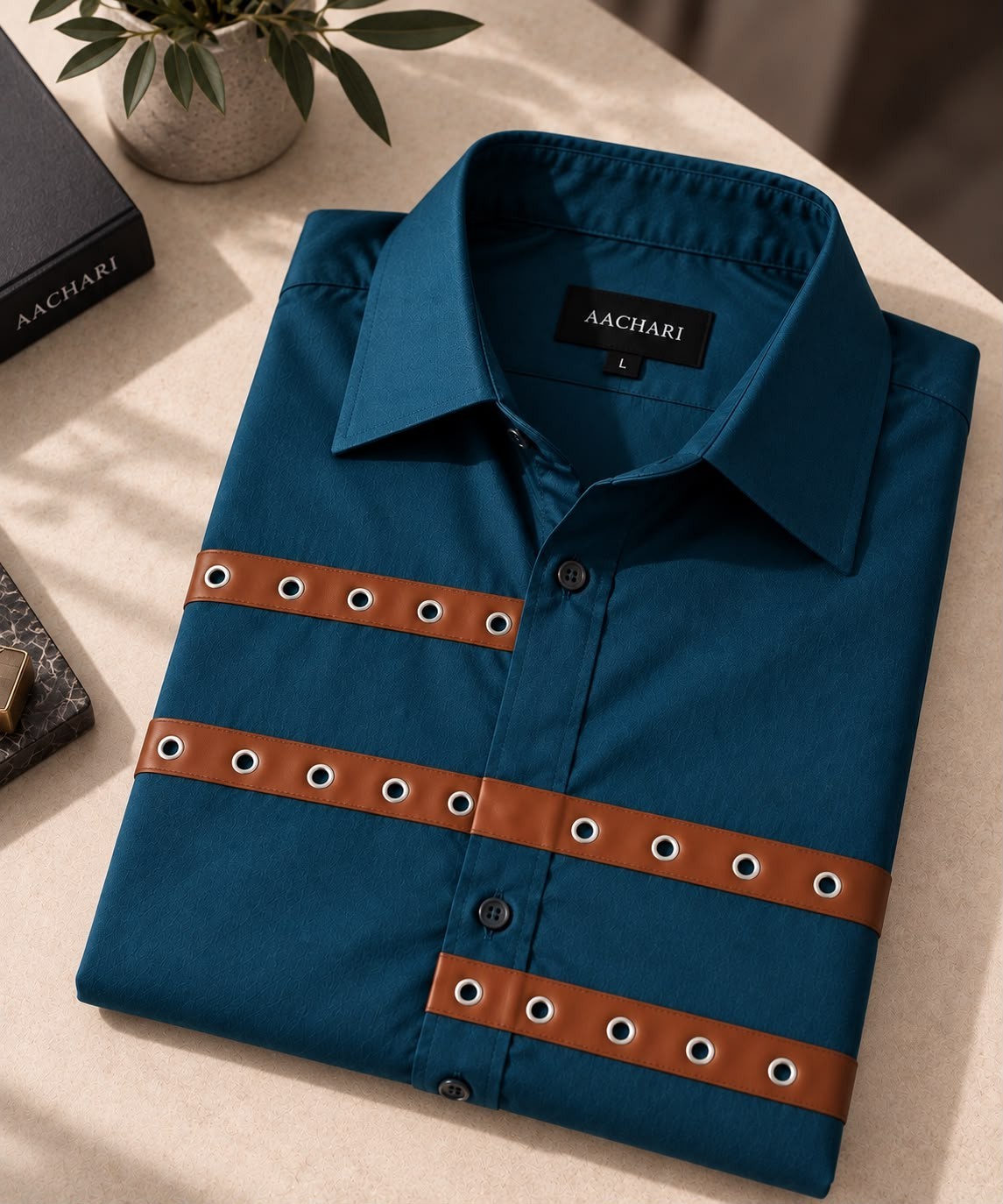 Aachari navy teal cotton shirt featuring brown leather straps with metallic eyelet details on a folded display.
