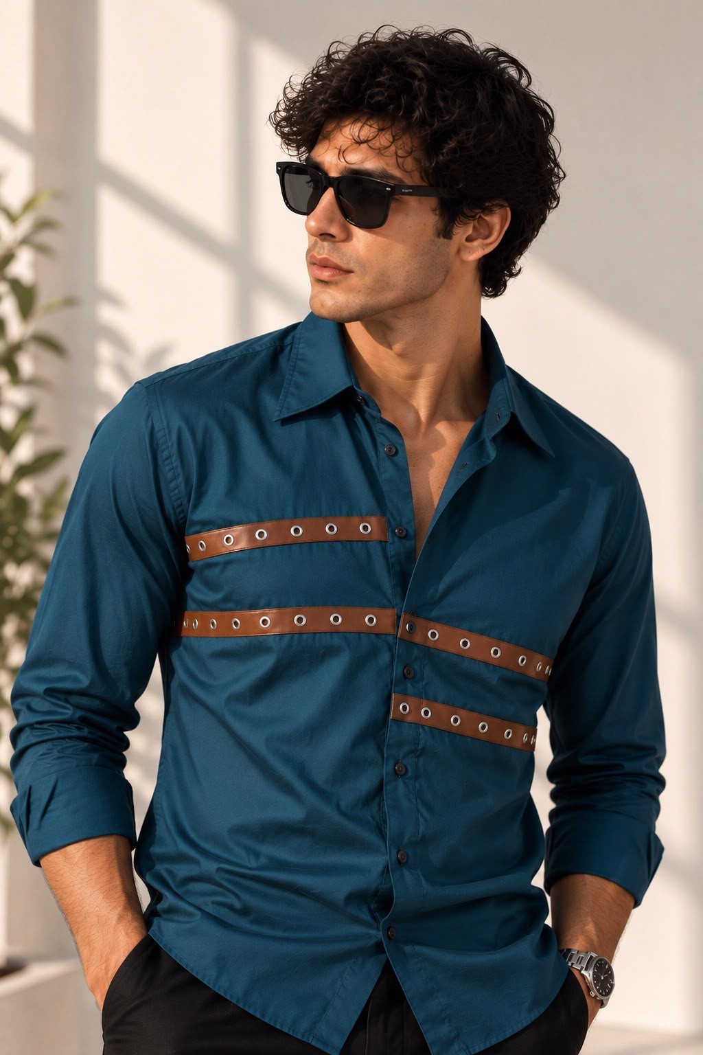 Aachari navy teal cotton shirt featuring brown leather straps and metallic eyelets worn by a man in sunglasses.