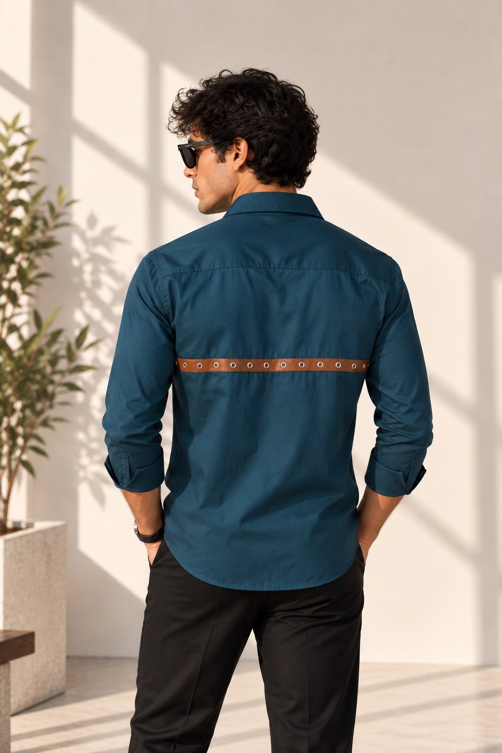 Aachari navy teal cotton shirt featuring a back leather strap with metallic eyelets worn by a man in a bright room.