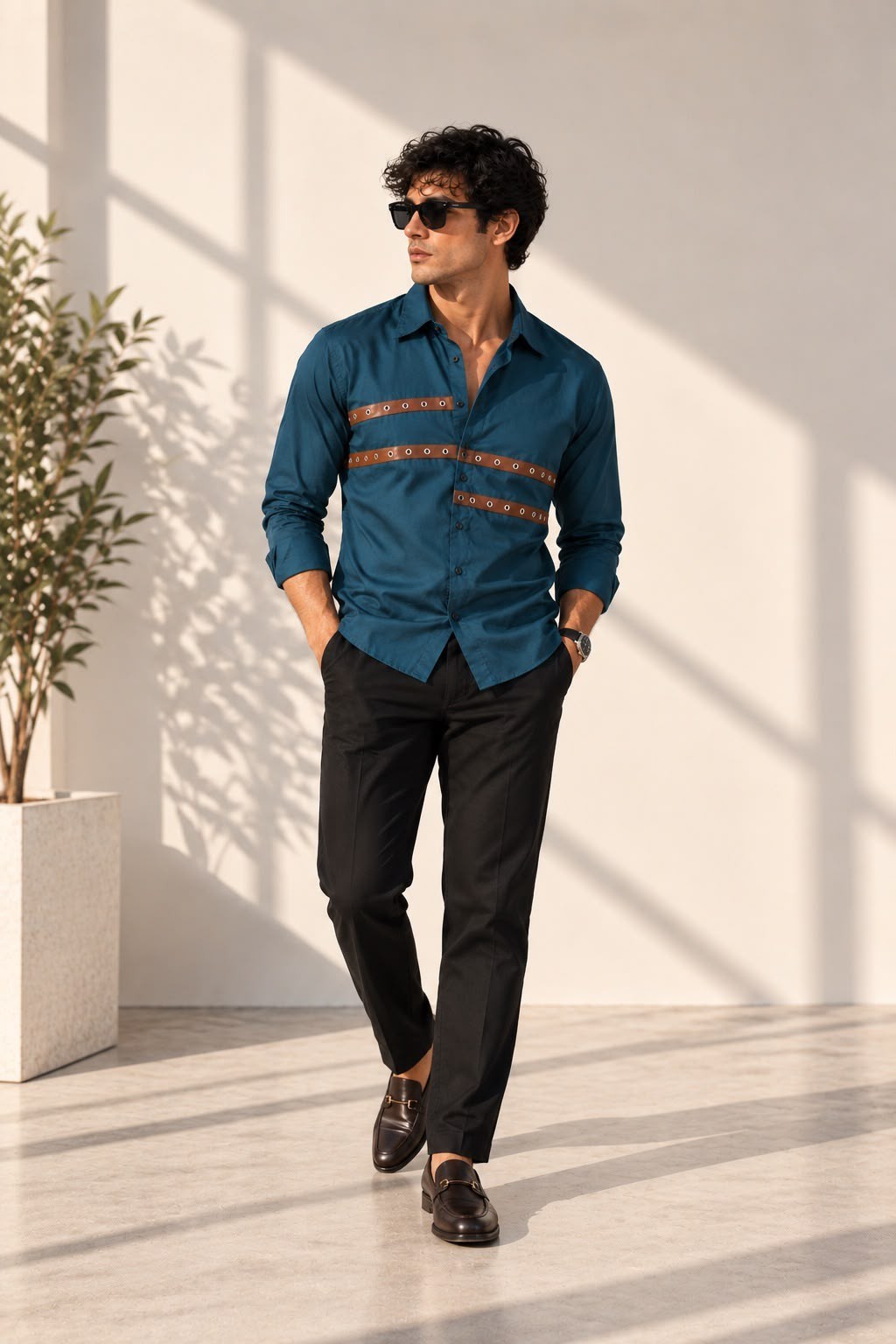 Aachari navy teal cotton shirt featuring horizontal brown leather straps and metallic eyelets worn by a male model.