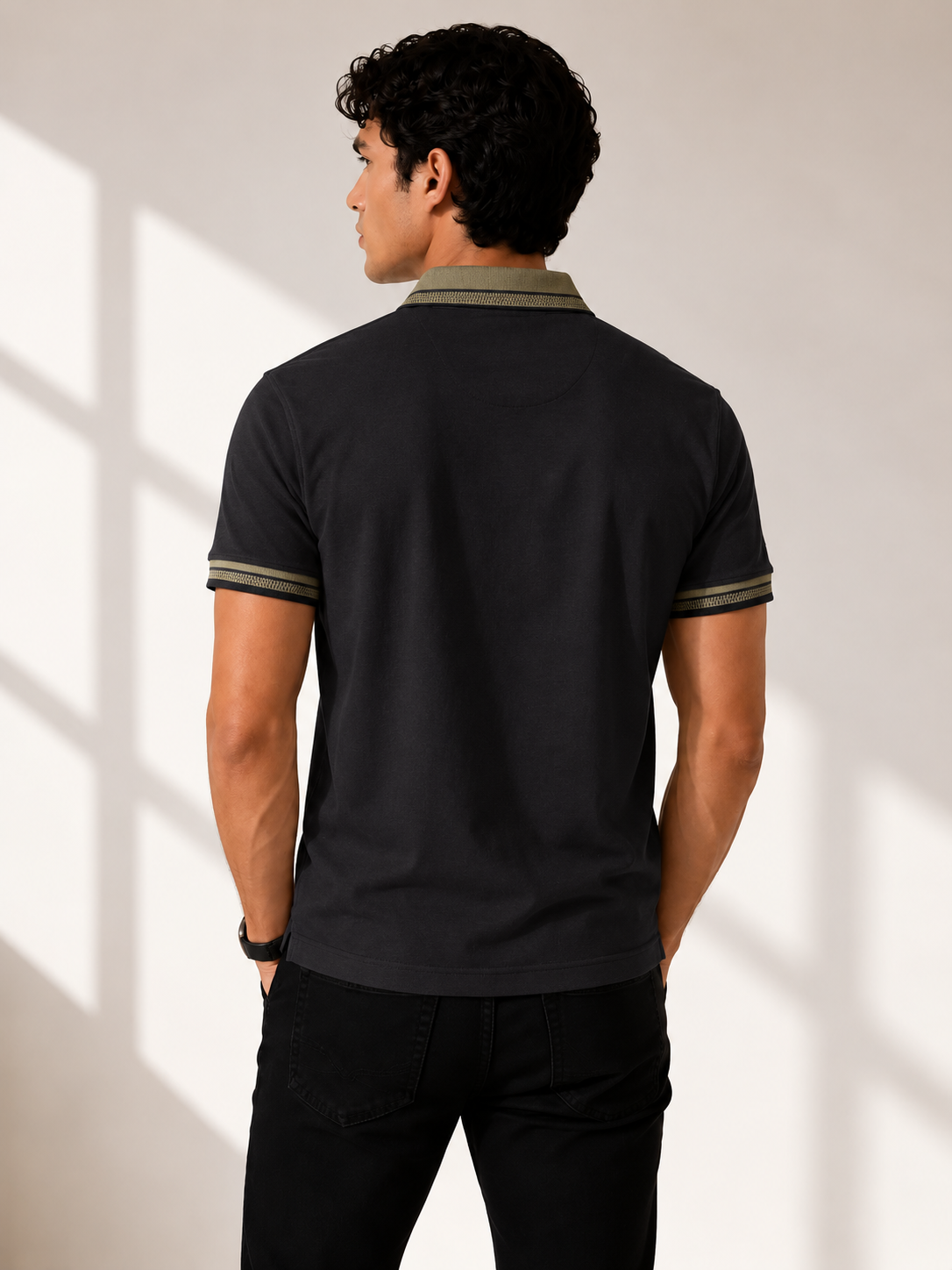 Black Polo with olive trim collar