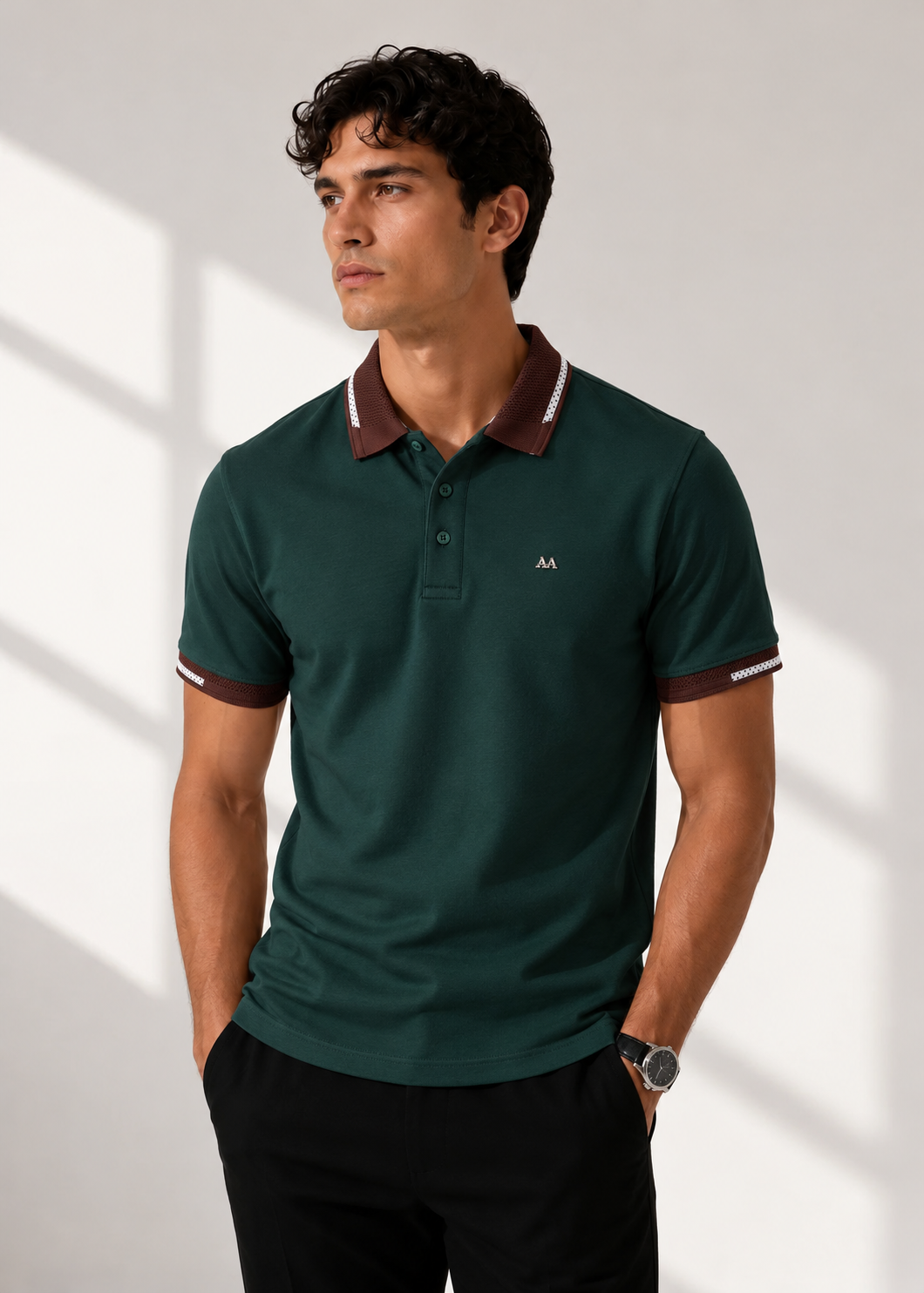 Green Polo with brown accent