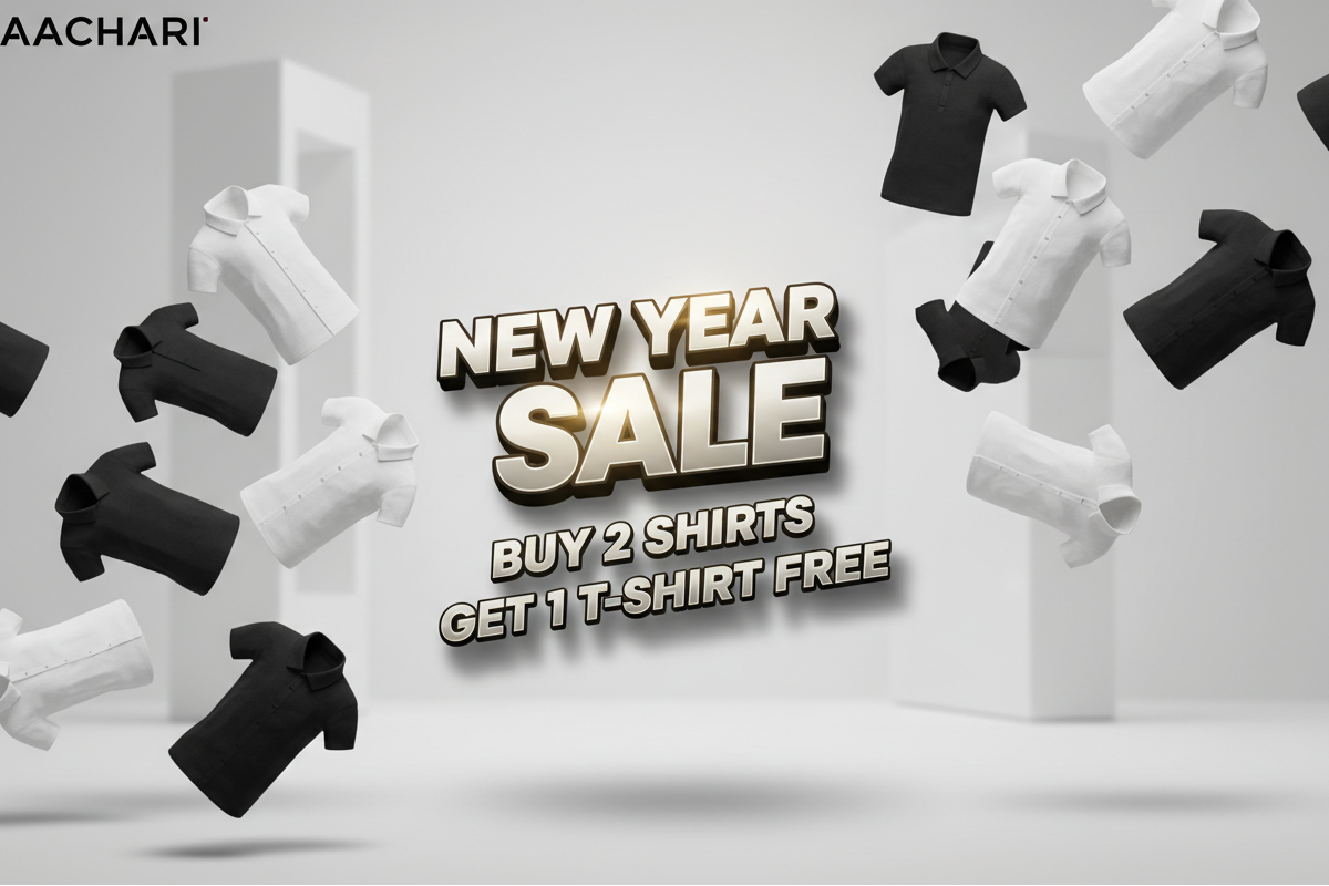 new year sale
buy 2 any shirts get 1 tshirts free with aachari   3d image
