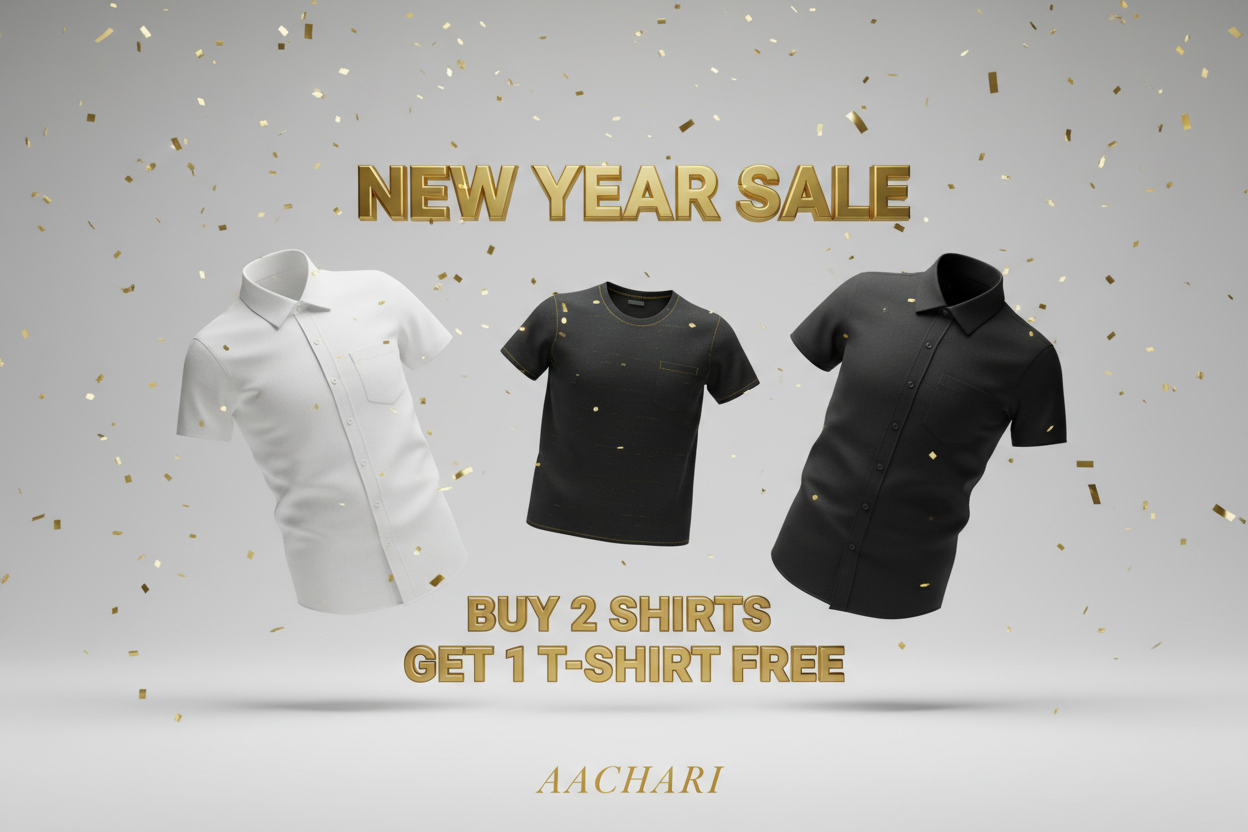 new year sale
buy 2 any shirts get 1 tshirts free with aachari  3d image