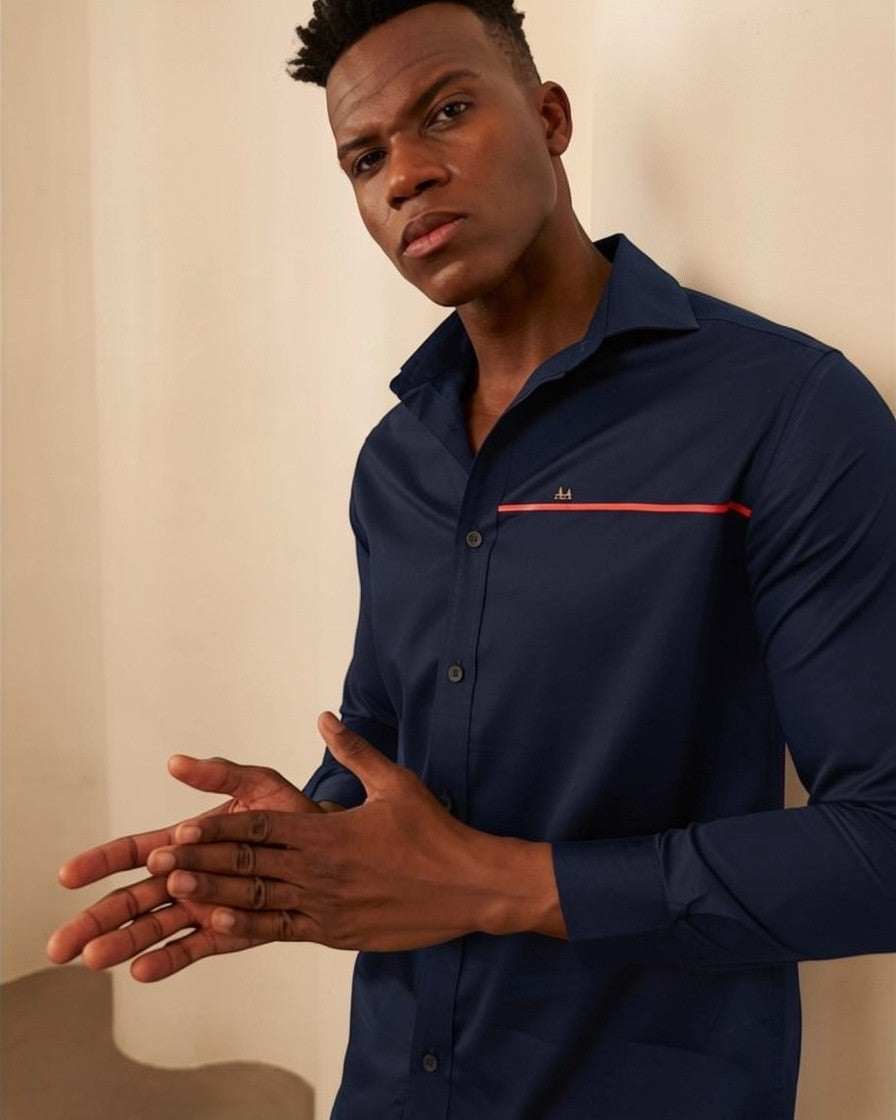 Red Line Accent Navy Blue Shirt