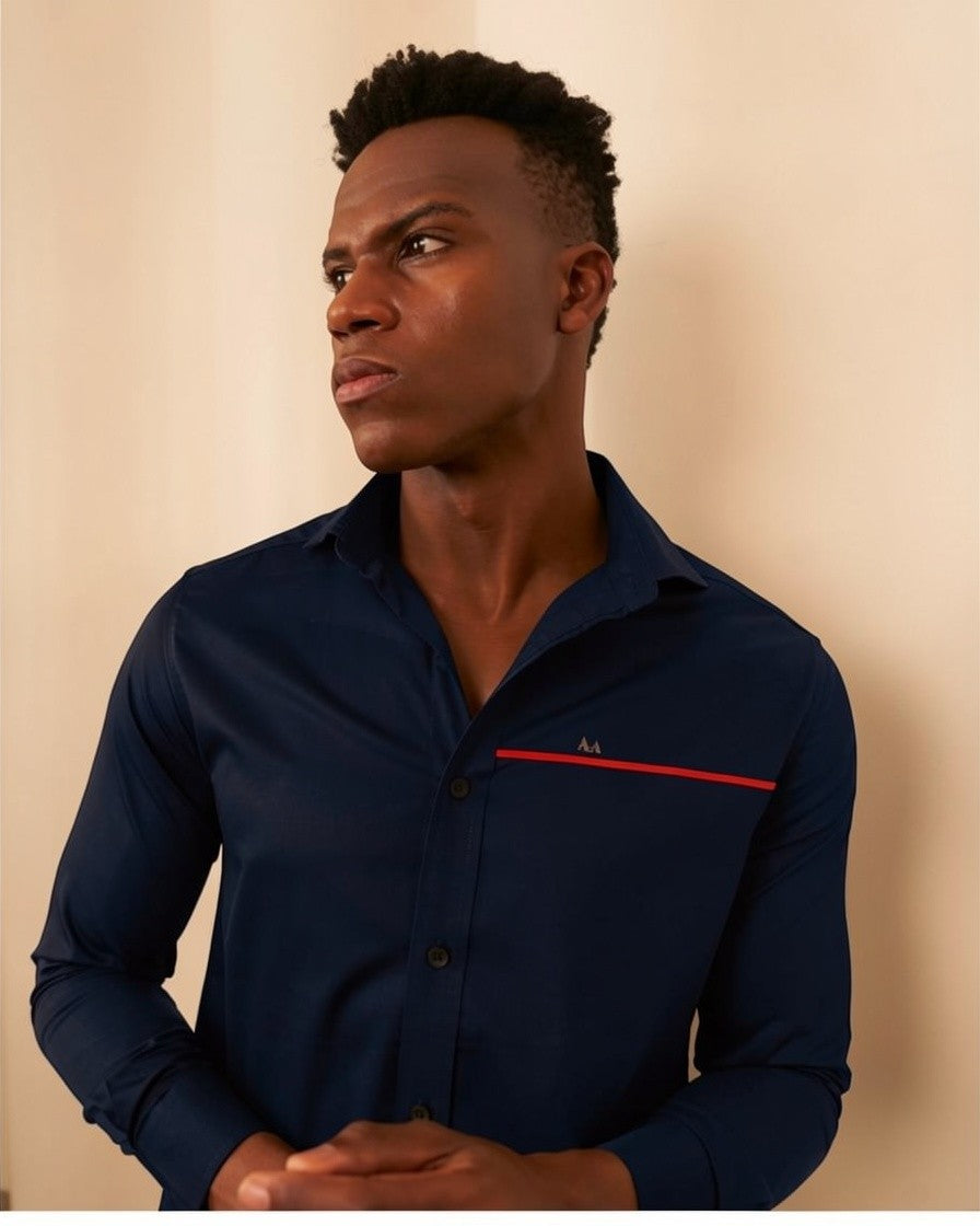 Red Line Accent Navy Blue Shirt