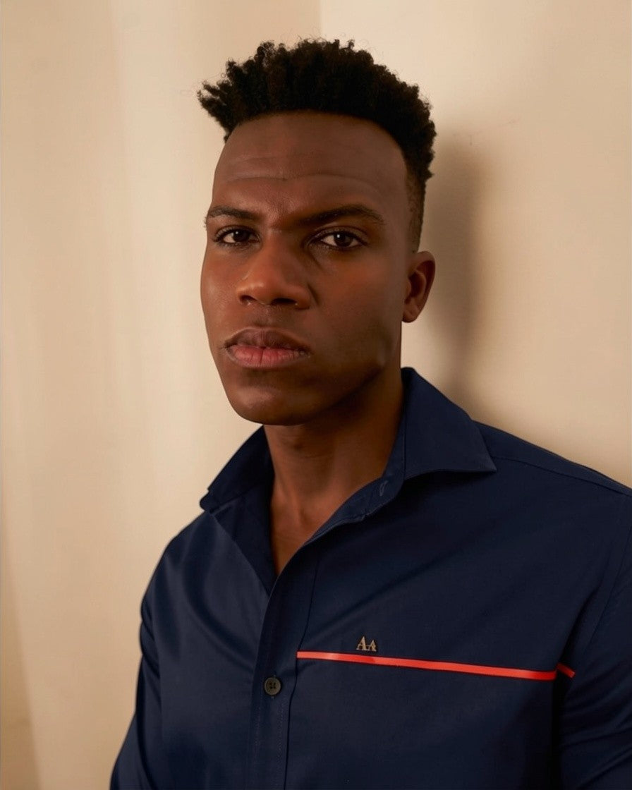Red Line Accent Navy Blue Shirt